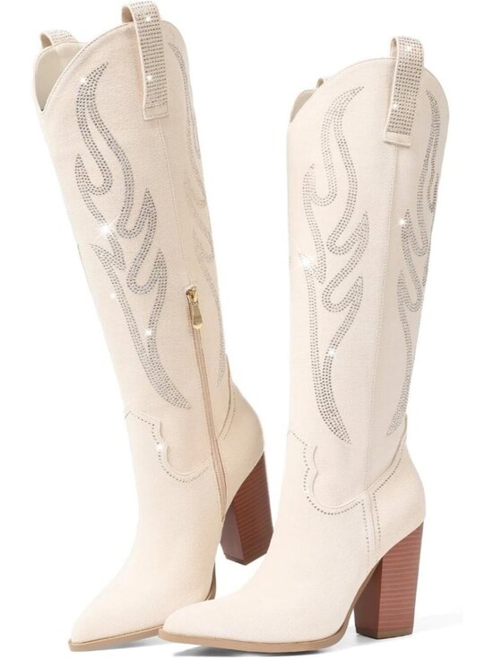 Shoes - Women's Beige Rubber Pointed Toe Rhinestones Embroidered Western Knee High Boot